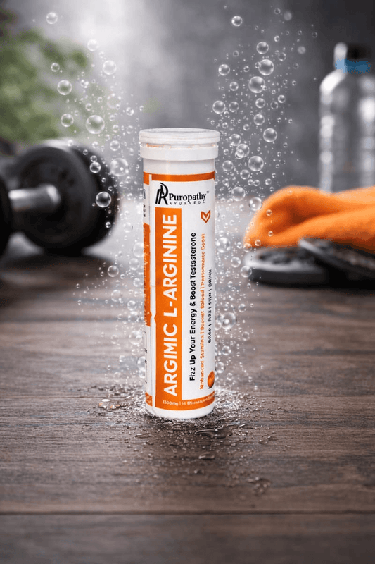 “L-Arginine effervescent tablets container with fizzy health supplement branding ARGIMIC”