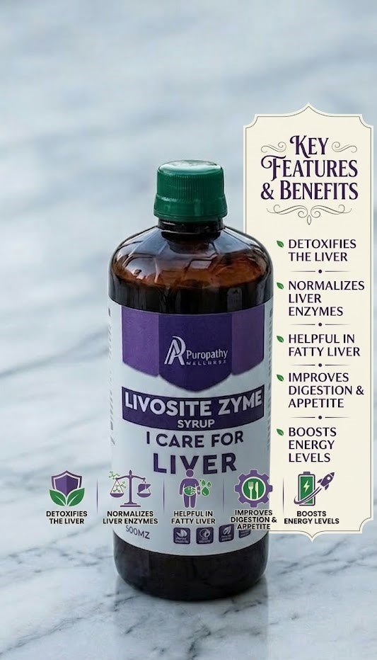 A bottle of Liver syrup sits on a table with herbs, spices, and amla. Icons illustrate liver detox, enzyme balance, metabolism, and antioxidants. Below reads: "Your partner in natural Ayurvedic Liver Care.