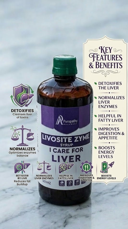 A bottle of Liver syrup sits on a table with herbs, spices, and amla. Icons illustrate liver detox, enzyme balance, metabolism, and antioxidants.