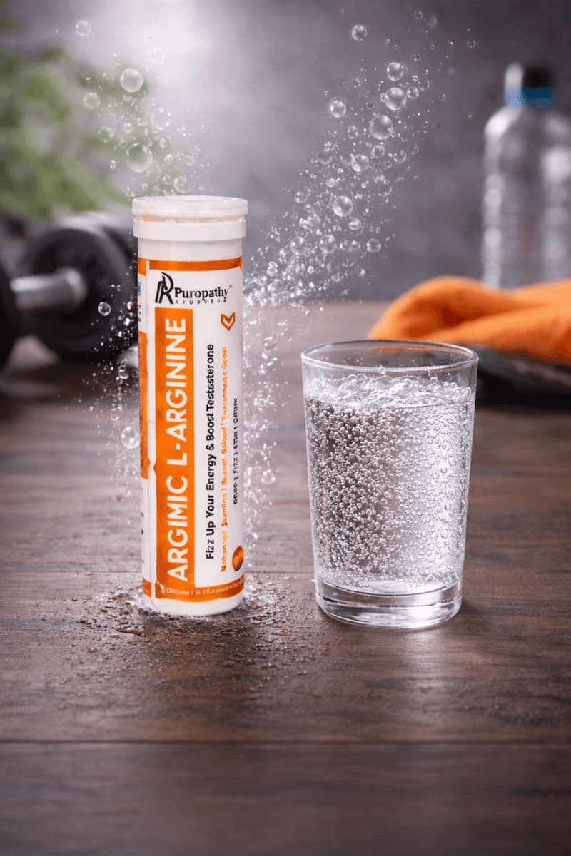 “L-Arginine effervescent tablets container with fizzy health supplement branding ARGIMIC”
