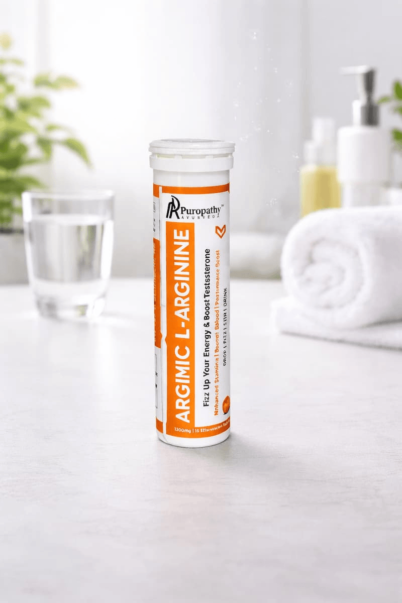 “L-Arginine effervescent tablets container with fizzy health supplement branding ARGIMIC”