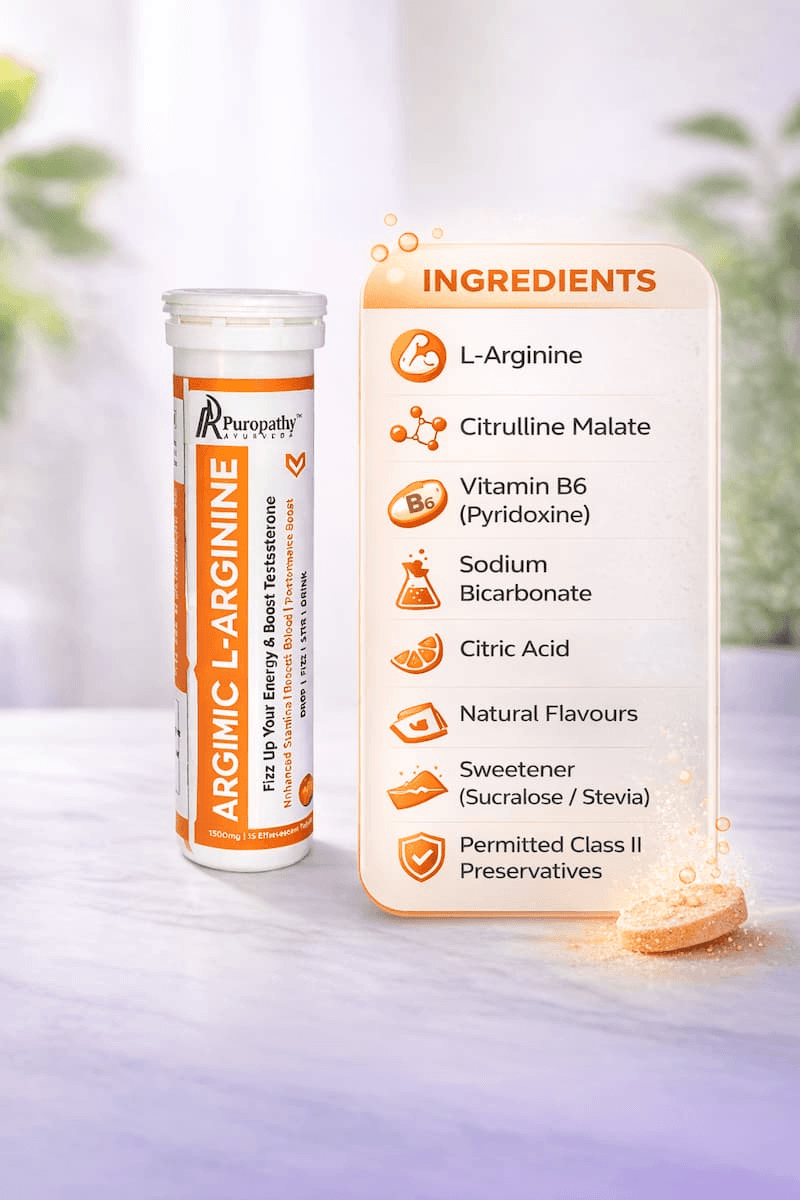 “L-Arginine effervescent tablets container with fizzy health supplement branding ARGIMIC”