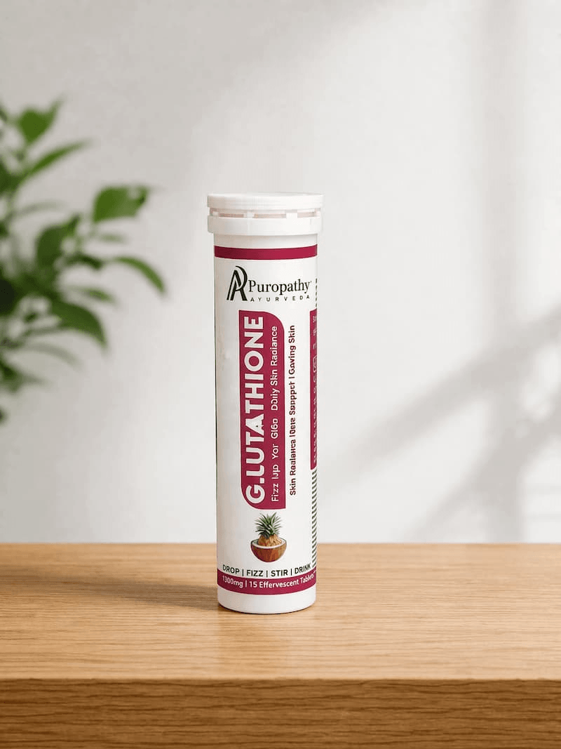 Tube of Puropathy G-Lutathione on a wooden surface with a plant in the background