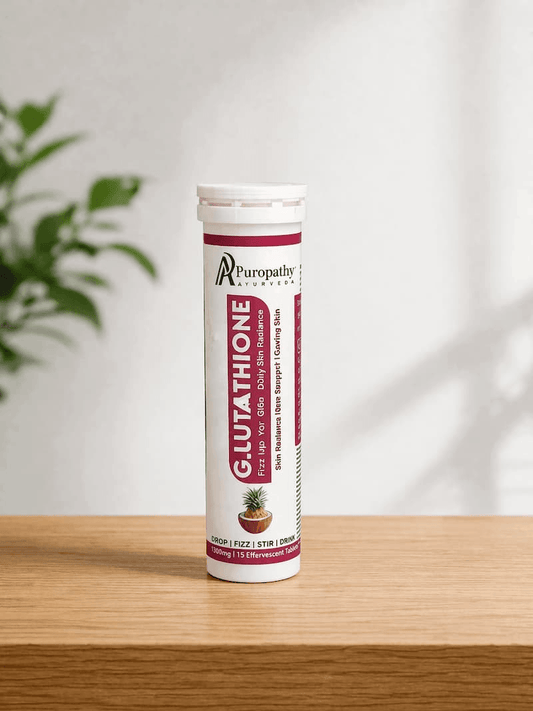 Tube of Puropathy G-Lutathione on a wooden surface with a plant in the background