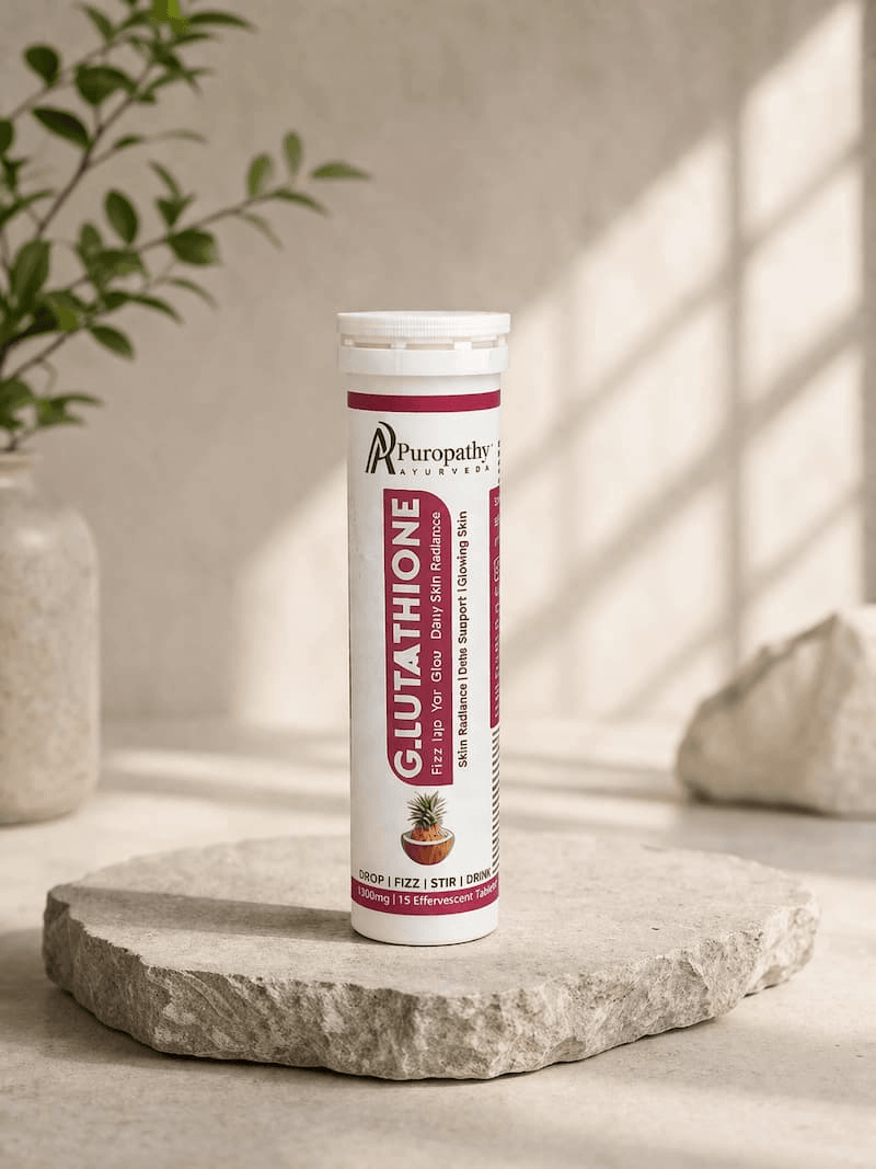 Tube of Puropathy G-Lutathione on a wooden surface with a plant in the background