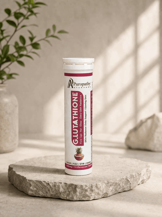 Tube of Puropathy G-Lutathione on a wooden surface with a plant in the background
