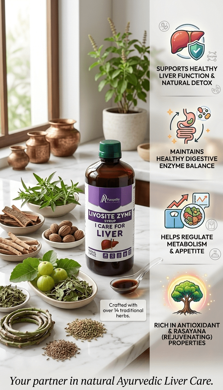 A bottle of Liver syrup sits on a table with herbs, spices, and amla. Icons illustrate liver detox, enzyme balance, metabolism, and antioxidants. Below reads: "Your partner in natural Ayurvedic Liver Care.