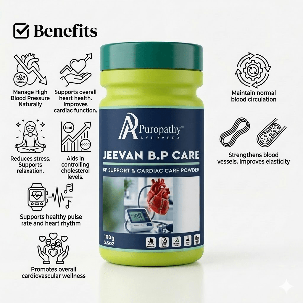 Puropathy Ayurveda Jeevan B.P Care powder bottle on a wooden surface with natural light