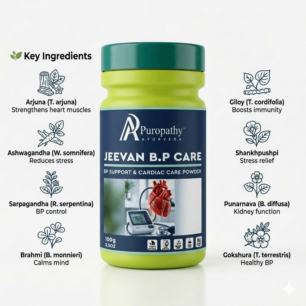 Puropathy Ayurveda Jeevan B.P Care powder bottle on a wooden surface with natural light
