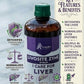 A bottle of Liver syrup sits on a table with herbs, spices, and amla. Icons illustrate liver detox, enzyme balance, metabolism, and antioxidants.