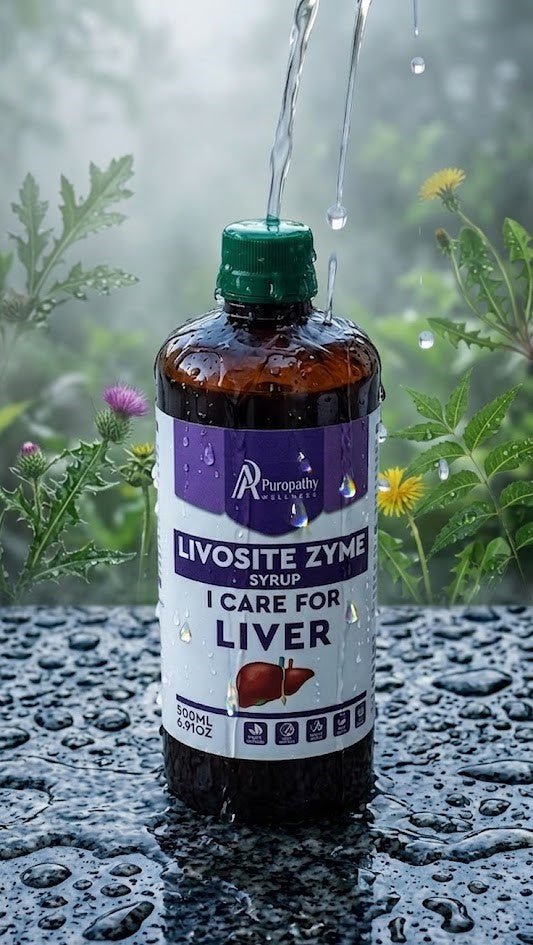 A bottle of Liver syrup sits on a table with herbs, spices, and amla. Icons illustrate liver detox, enzyme balance, metabolism, and antioxidants. Below reads: "Your partner in natural Ayurvedic Liver Care.