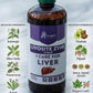 A bottle of Liver syrup sits on a table with herbs, spices, and amla. Icons illustrate liver detox, enzyme balance, metabolism, and antioxidants. Below reads: "Your partner in natural Ayurvedic Liver Care.