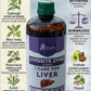 A bottle of Liver syrup sits on a table with herbs, spices, and amla. Icons illustrate liver detox, enzyme balance, metabolism, and antioxidants. Below reads: "Your partner in natural Ayurvedic Liver Care.
