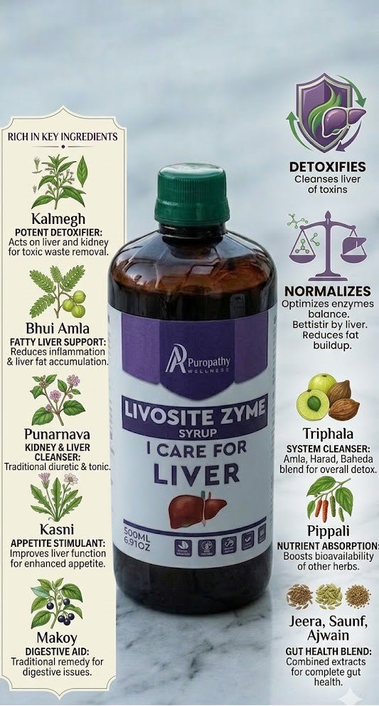 A bottle of Liver syrup sits on a table with herbs, spices, and amla. Icons illustrate liver detox, enzyme balance, metabolism, and antioxidants. Below reads: "Your partner in natural Ayurvedic Liver Care.